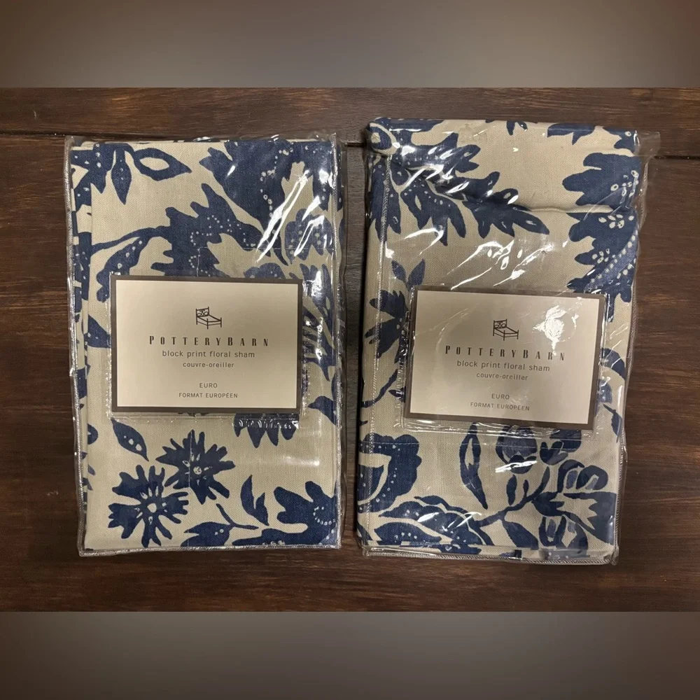 Pottery Barn Navy and Beige Floral Shams